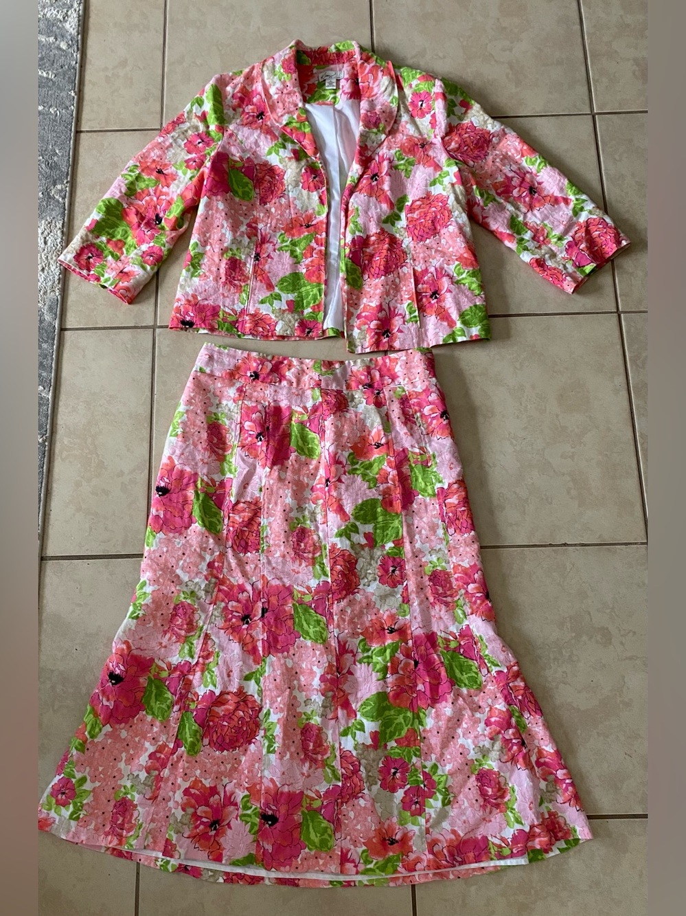 Vintage Kim Rogers Linen two-piece skirt suit set pink green floral size Large - Picture 2 of 8